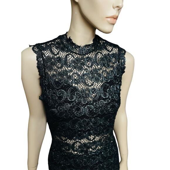 Nightcap Dixie Black and Metallic Silver Lace Sleeveless Knee High Dress Size 4 - Picture 3 of 12